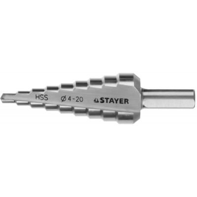 STR-29660-4-20-9 Сверло "MASTER" ступенчатое по сталям и цвет.мет., сталь HSS, d=4-20мм, 9ступ.d 4-20, L-75 мм,трехгран. хвост. 8мм 29660-4-20-9 STAYER