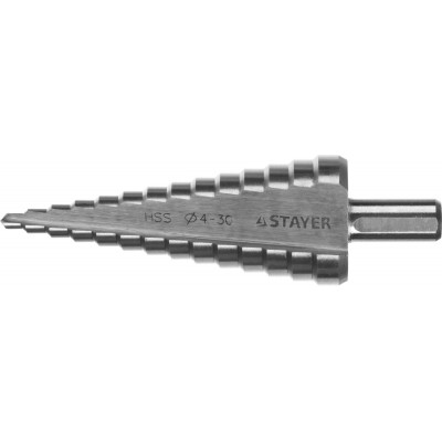 STR-29660-4-30-14 Сверло "MASTER" ступенчатое по сталям и цвет.мет., сталь HSS, d=4-30 мм, 14 ступ.d4-30, L-100 мм, трехгран. хв. 10 мм 29660-4-30-14 STAYER STR-29660-4-30-14 Сверло "MASTER" ступенчатое по сталям и цвет.мет., сталь HSS, d=4-30 мм, 14 ступ.d4-30, L-100 мм, трехгран. хв. 10 мм 29660-4-30-14 STAYER