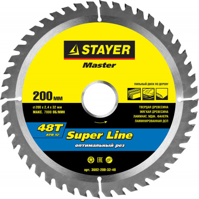 STR-3682-200-32-48 Диск пильный MASTER "SUPER-Line" по дереву, 200х32мм, 48Т 3682-200-32-48 STAYER