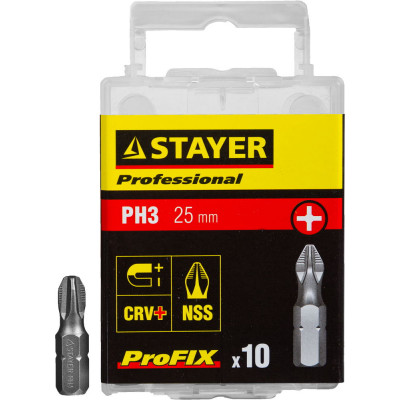STR-26201-3-25-10_z01 Биты "PROFESSIONAL" ProFix Phillips, тип хвостовика C 1/4", № 3, L=25мм, 10шт, 26201-3-25-10_z01 STAYER