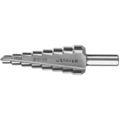 STR-29660-6-20-8 Сверло "MASTER" ступенчатое по сталям и цвет.мет., сталь HSS, d=6-20мм,8ступ.d 6-8-10-12-14-16-18-20,L-75мм,3-х гран.хв. 8мм 29660-6-20-8 STAYER STR-29660-6-20-8 Сверло "MASTER" ступенчатое по сталям и цвет.мет., сталь HSS, d=6-20мм,8ступ.d 6-8-10-12-14-16-18-20,L-75мм,3-х гран.хв. 8мм 29660-6-20-8 STAYER