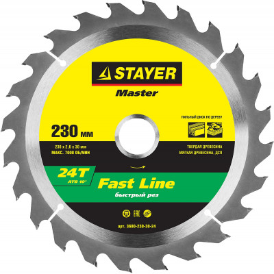 STR-3680-230-30-24 Диск пильный MASTER "FAST-Line" по дереву, 230х30мм, 24Т 3680-230-30-24 STAYER